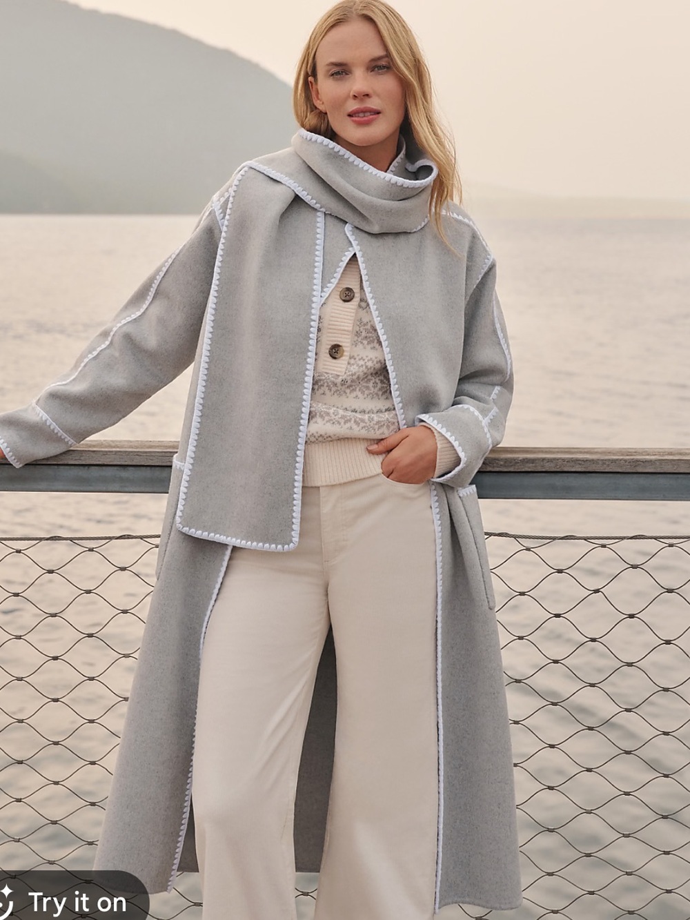 NWT Ann Taylor Weekend Wrap Scarf Light Gray Wool Wrap Coat with Scarf Sz S
